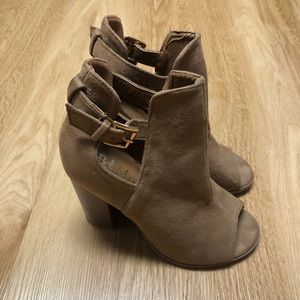 Camel Suede Peep-Toe Booties